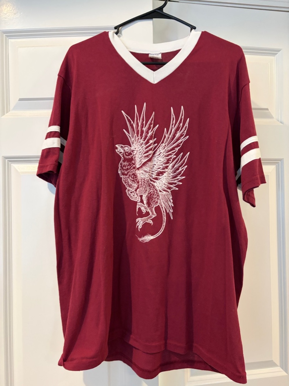 Maroon V-Neck Graphic Shirt with White Trim